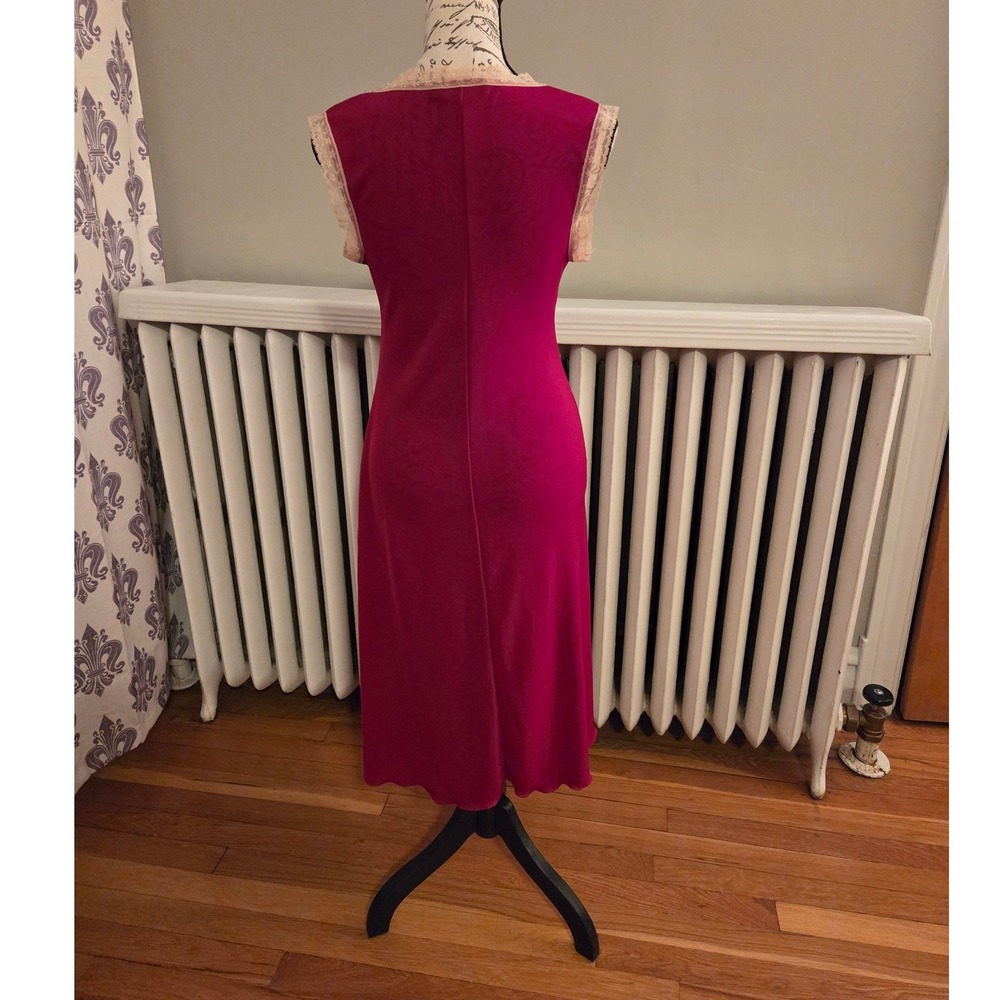 Y2K Hot Kiss Pink Lace Trim Empire Waist Midi Dress Coquette Fairycore Sz S - Picture 2 of 9